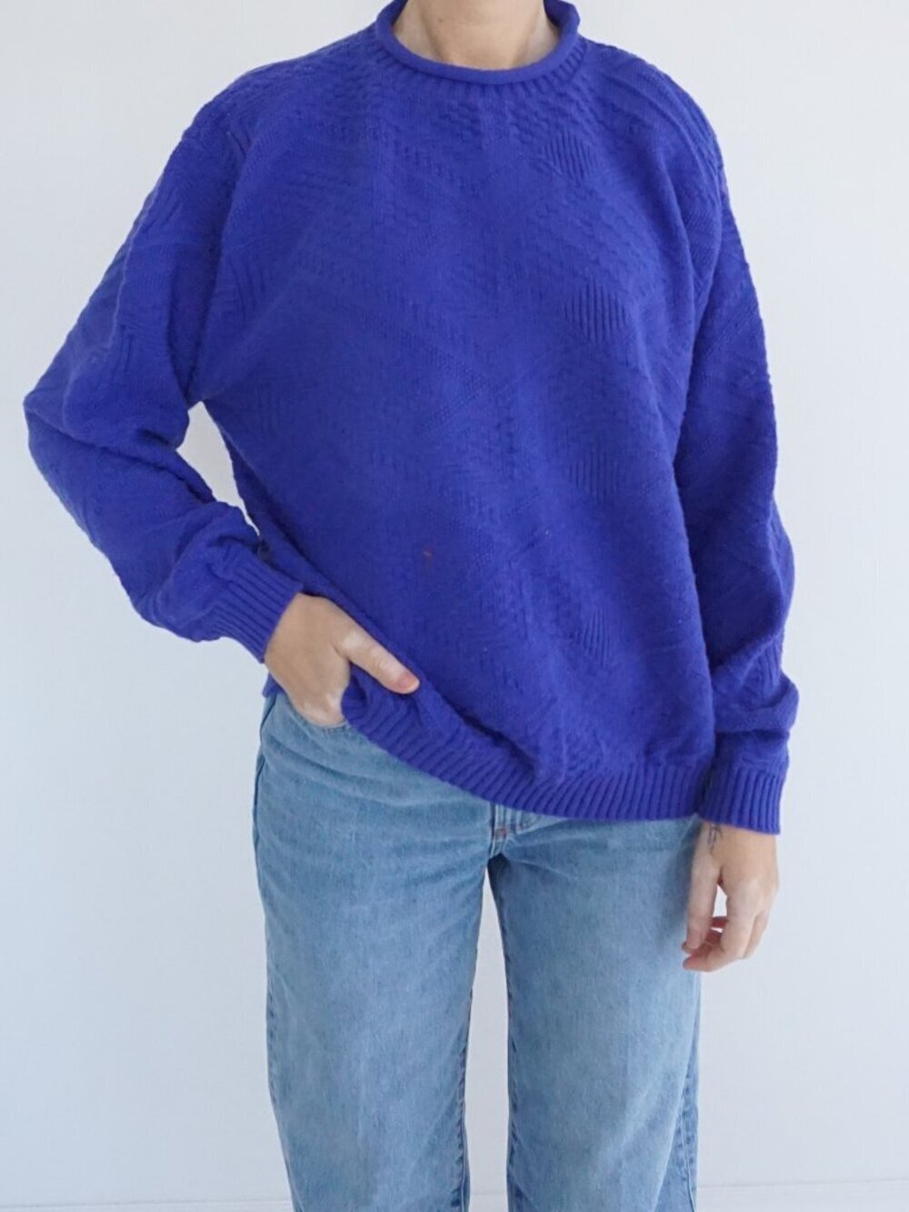 Vintage Cricket Lane Textured Knit Sweater Crew Neck Classic Solid Pullover XL